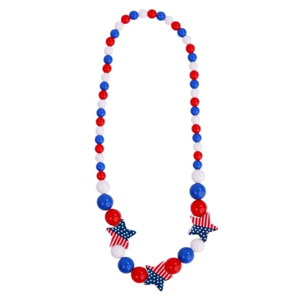 Patriotic Red White & Blue Beaded Childrens Necklace With USA Flag Star Design